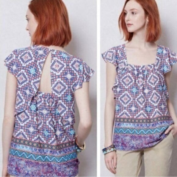 Anthropologie Meadow Rue‎ Flutter Sleeve Blouse Geometric Colorful Boho Print 6 - Picture 3 of 14